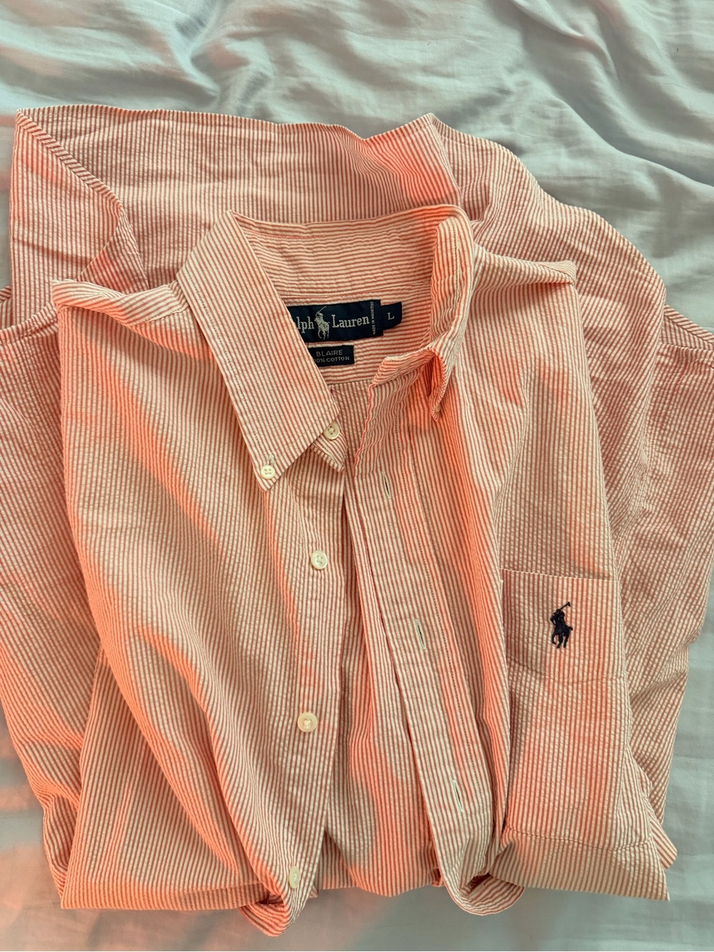 VINTAGE Ralph Lauren Men's Light Pink and White Striped Button-Down Shirt